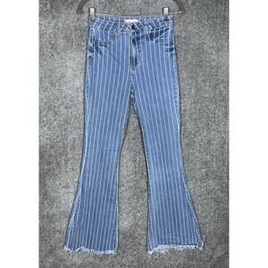 Cello Flared Raw Hem Jeans Womens Juniors Size 3/4 Blue Striped Denim‎ Stretch